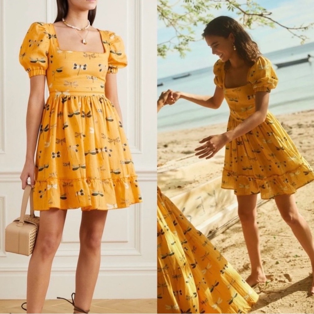 Agua Bendita Mustard Yellow Floral Puff-Sleeve Mini Dress